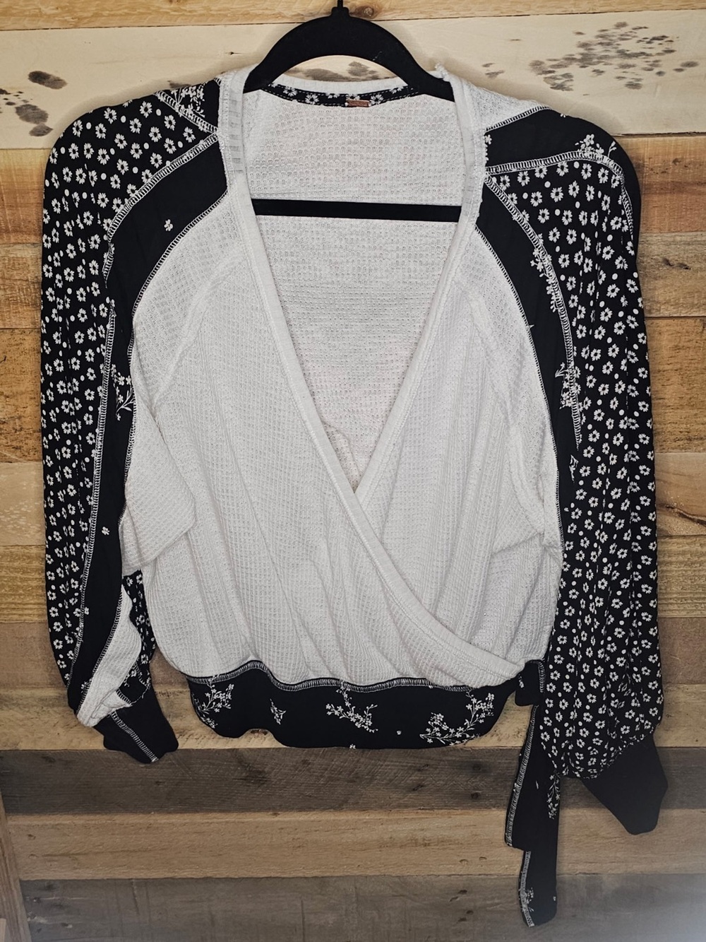 Free People Knit Wrap Front Floral Contrast Sleeves - White/Black